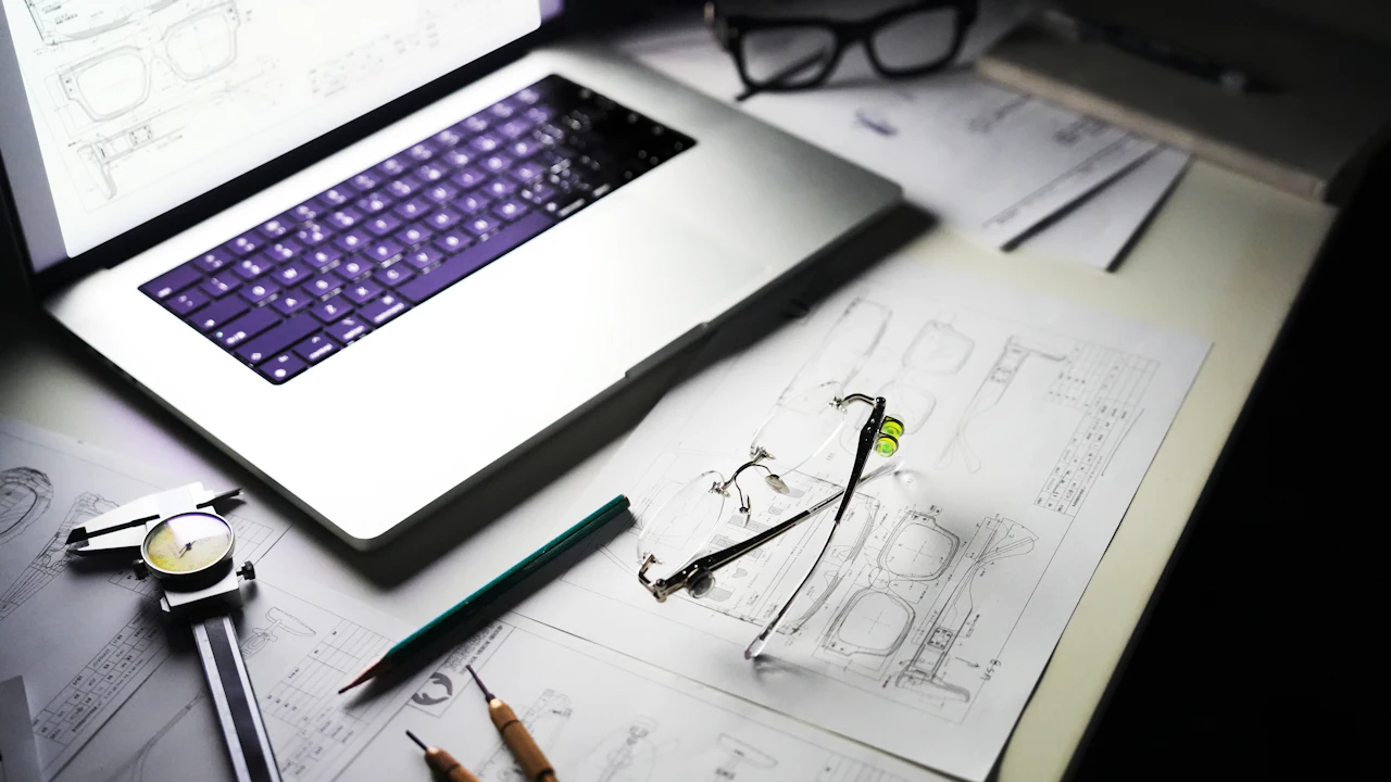 Desk with a laptop, blueprints and tools