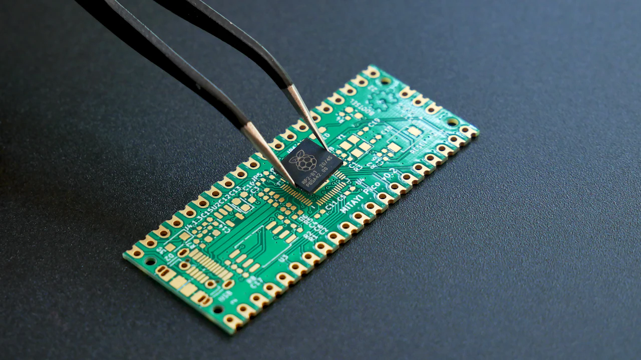 Tweezers placing a chip on a circuit board