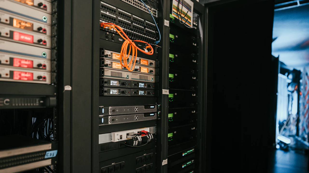A rack of servers in a server room