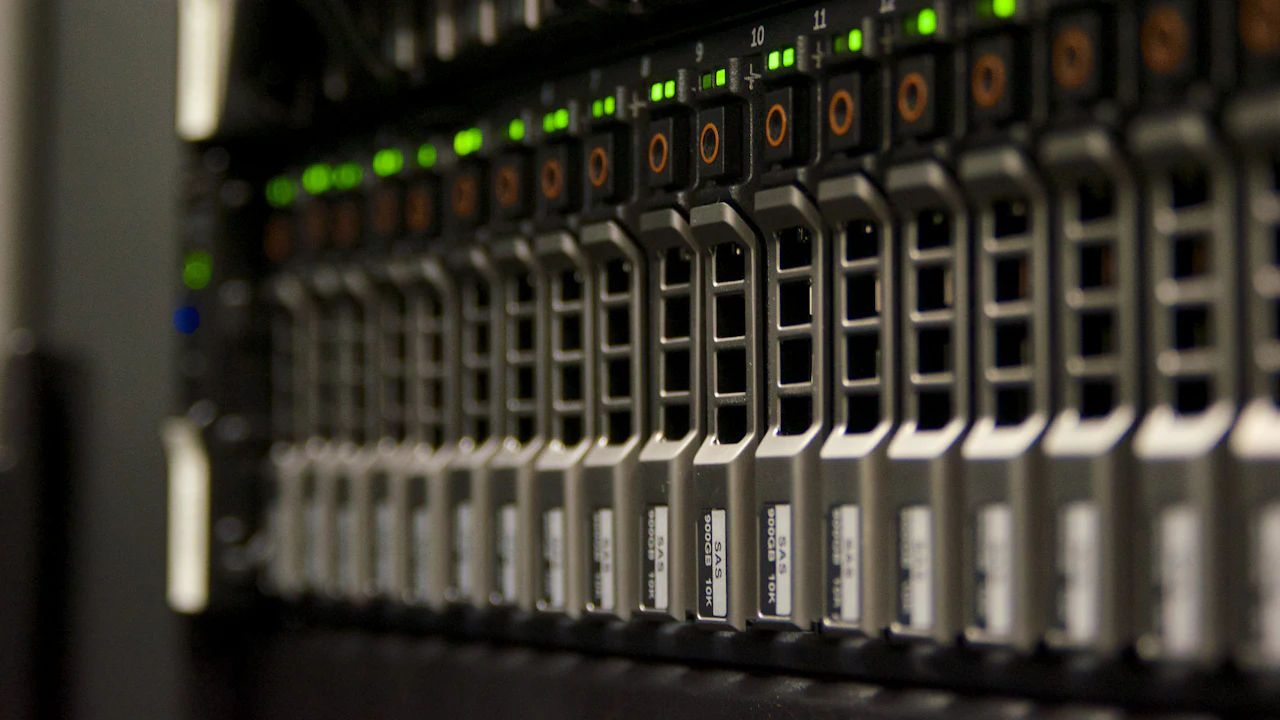 A server rack with green status lights