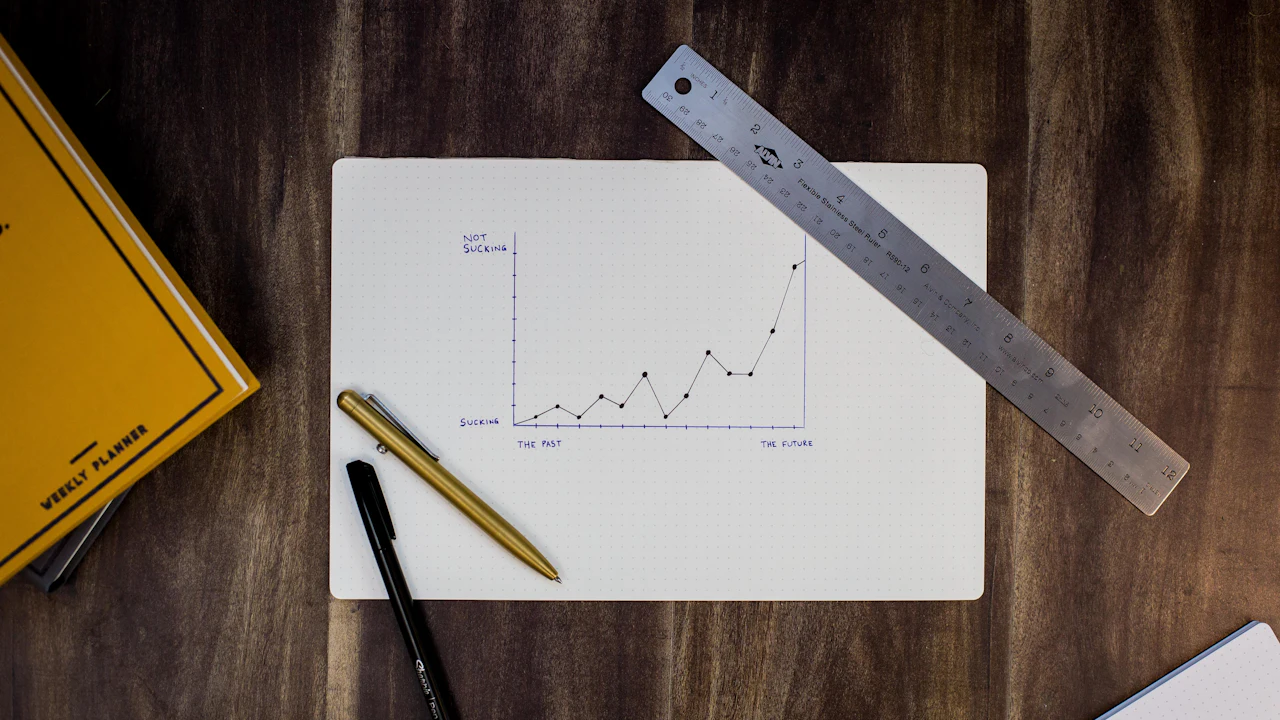A hand-drawn line graph with a ruler and pens