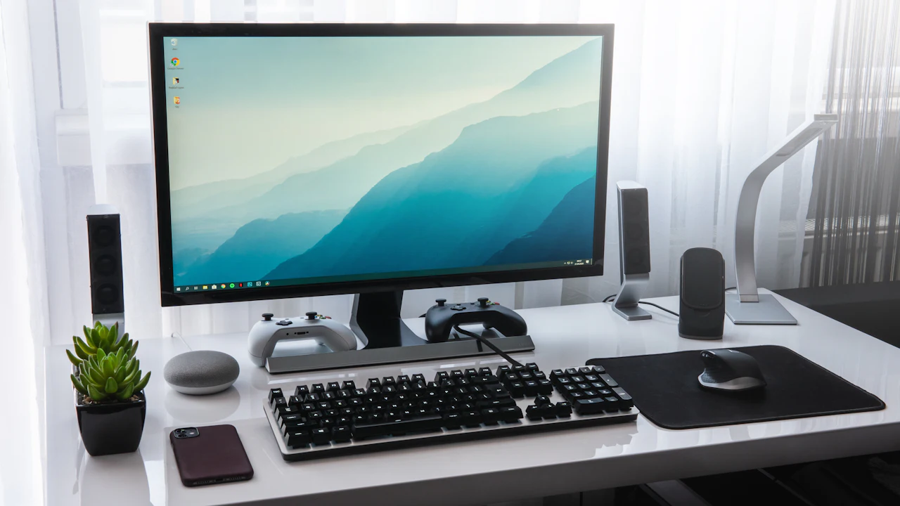 A desktop monitor and keyboard