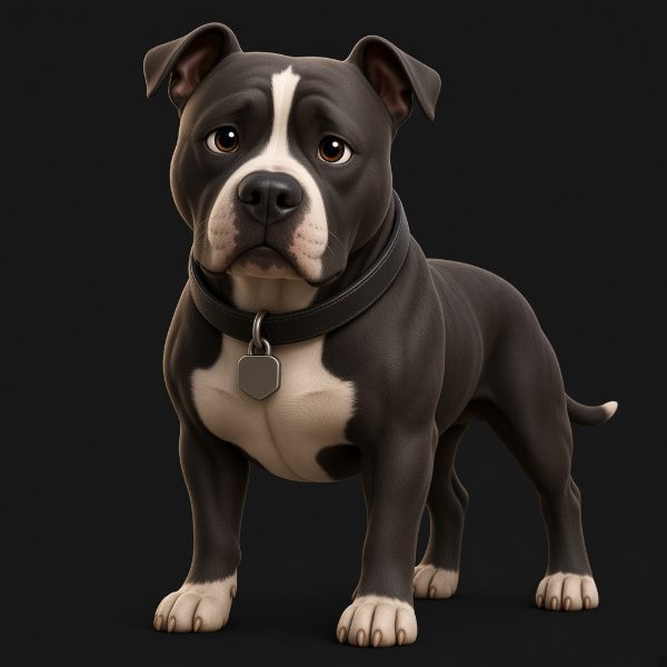 Tank standing calmly, wearing his collar and tag