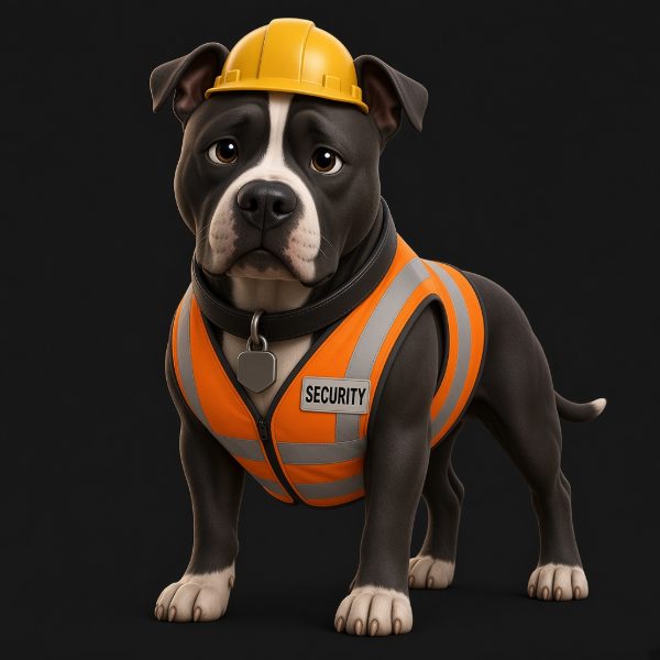 Tank, a dark gray and white dog in a yellow hard hat and an orange safety vest marked Security