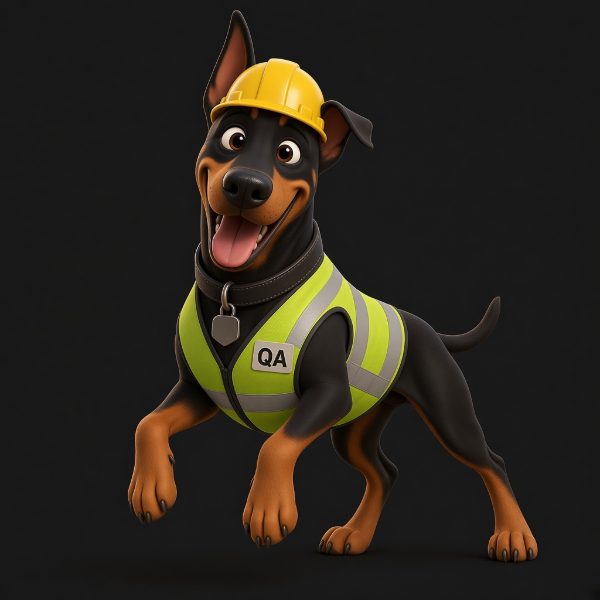 Thor, a black and tan dog mid-leap in a yellow hard hat and a lime safety vest marked QA